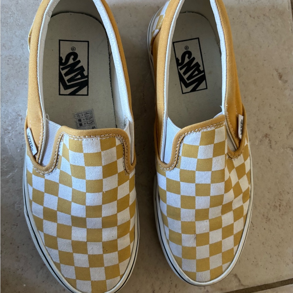 Vans Kids Yellow and White Checkerboard Slip-On Sneakers